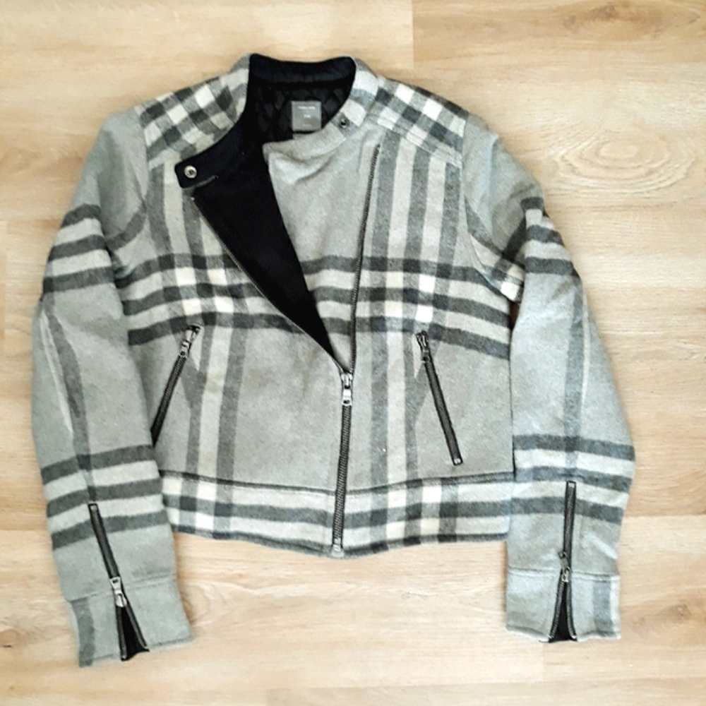 GAP Gray Plaid Moto Jacket - Women Size Medium Wool Blend Jacket - Picture 8 of 11